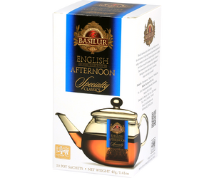 Basilur English Afternoon BIG BAG - czarna herbata cejlońska w dużych torebkach ekspresowych. Ozdobne, białe pudełko.