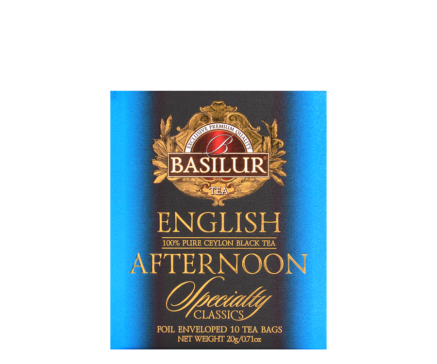 Basilur English Afternoon - czarna herbata cejlońska w wygodnych, kopertowych torebkach. Ozdobne, niebieskie pudełko.