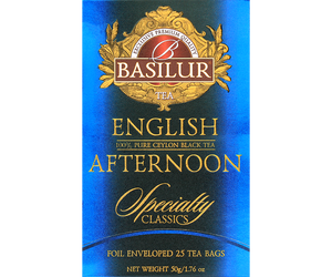 Basilur English Afternoon - czarna herbata cejlońska w torebkach ekspresowych. Ozdobne, niebieskie pudełko.