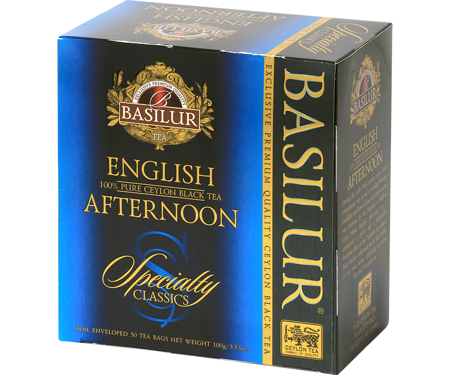 Basilur English Afternoon - czarna herbata cejlońska w torebkach. 50 kopert w ozdobnym, niebieskim pudełku.