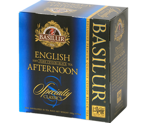 Basilur English Afternoon - czarna herbata cejlońska w torebkach. 50 kopert w ozdobnym, niebieskim pudełku.