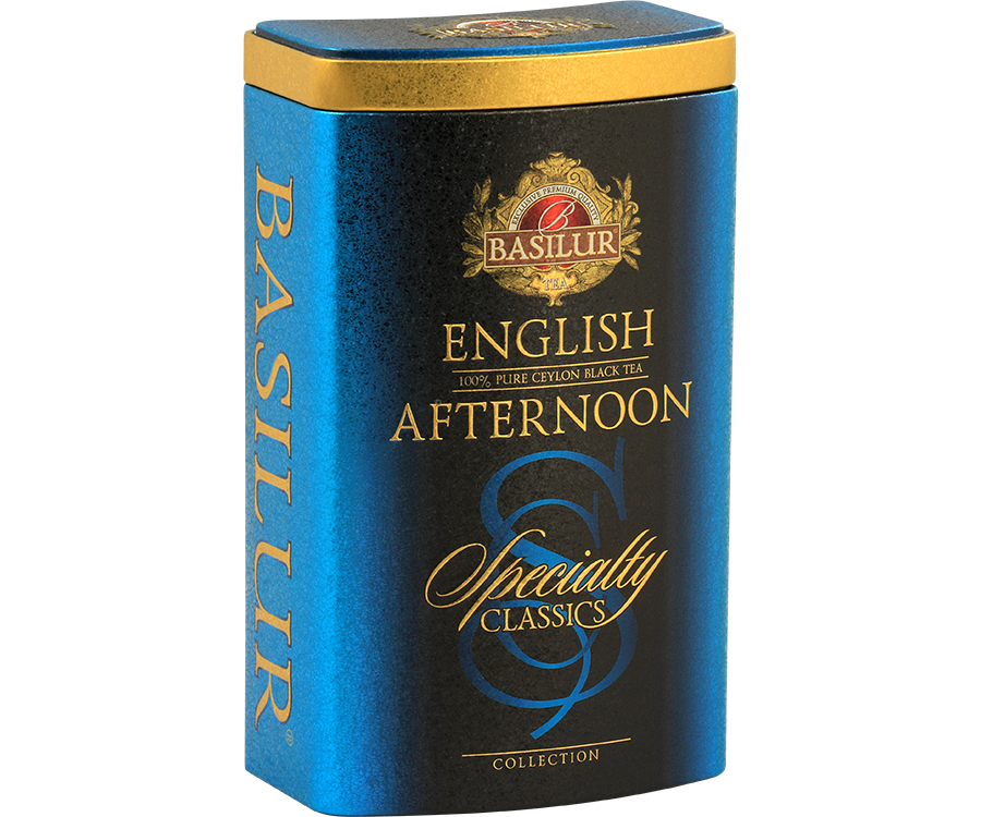 Basilur English Afternoon - czarna liściasta herbata cejlońska w angielskim stylu. Ozdobna, niebieska puszka.