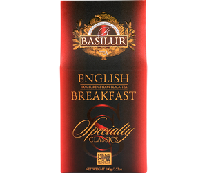 Basilur English Breakfast - czarna herbata cejlońska CTC skomponowana z bardzo drobno ciętych i zwiniętych w granulki listków. Ozdobne czerwone pudełko z logiem Basilur.