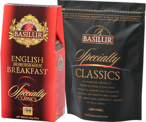 Basilur English Breakfast - czarna herbata cejlońska CTC skomponowana z bardzo drobno ciętych i zwiniętych w granulki listków. Ozdobne czerwone pudełko z logiem Basilur.