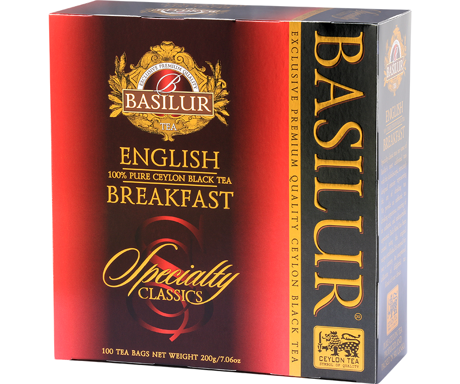 Basilur English Breakfast - czarna herbata cejlońska w biodegradowalnych torebkach. 100 torebek herbaty w ozdobnym, czerwonym pudełku.