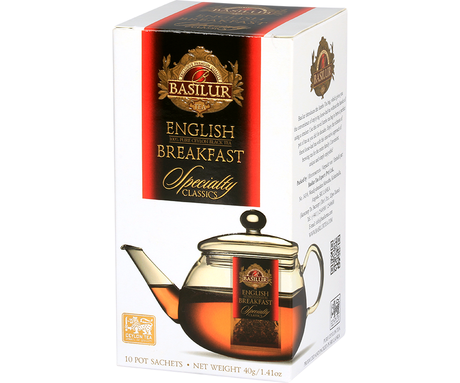 Basilur English Breakfast BIG BAG - czarna herbata cejlońska w dużych torebkach, Ozdobne, białe pudełko z logo Basilur.