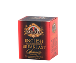 Basilur English Breakfast - czarna herbata cejlońska w kopertowych torebkach. Ozdobne, czerwone pudełko z logo Basilur.