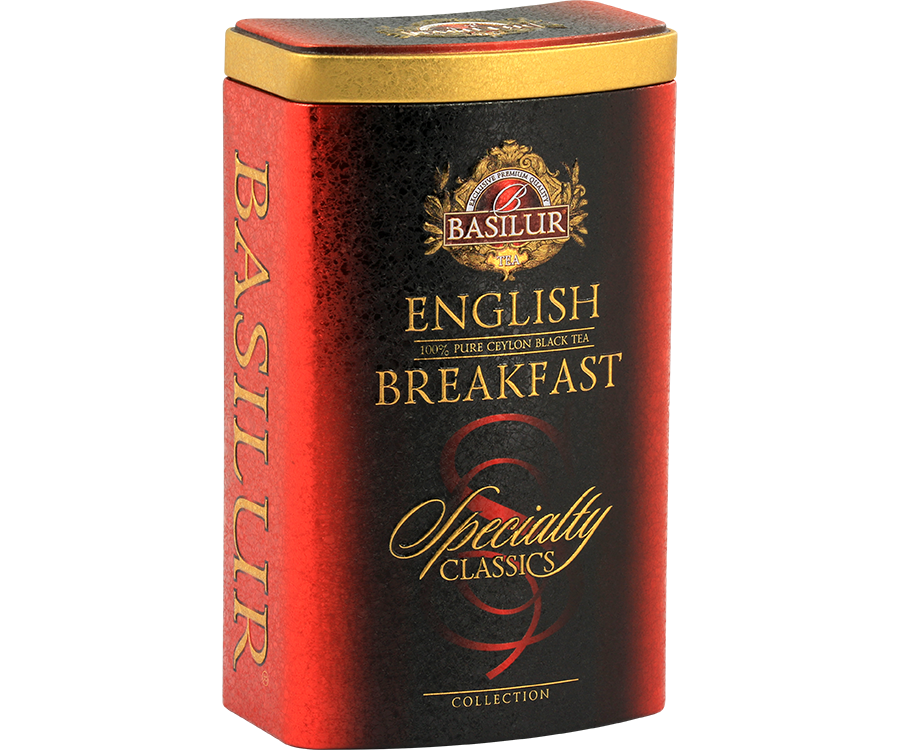 Basilur English Breakfast - czarna herbata cejlońska CTC w angielskim stylu. Ozdobna, czerwona puszka.