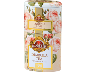 Basilur English Rose & Dimbula – zestaw 2 czarnych herbat zamkniętych w pięknie zdobione puszki, które nachodzą na siebie.