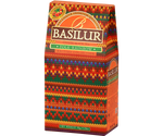 Basilur Folk Rainbow - czarna herbata cejlońska skomponowana z listków BOP1 z dodatkiem wiśni, krokosza barwierskiego, chabru, nagietka oraz aromatem truskawki i wiśni. Ozdobny stożek z grafiką przypominającą kolorowy sweter.