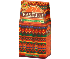 Basilur Folk Rainbow - czarna herbata cejlońska skomponowana z listków BOP1 z dodatkiem wiśni, krokosza barwierskiego, chabru, nagietka oraz aromatem truskawki i wiśni. Ozdobny stożek z grafiką przypominającą kolorowy sweter.