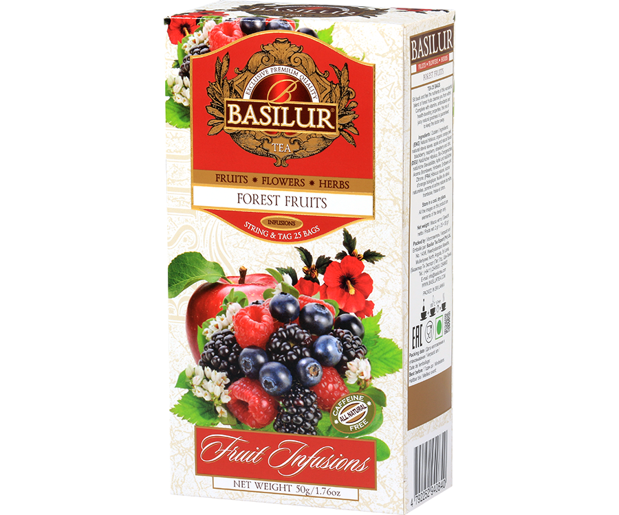 Basilur Forest Fruit - owocowa herbata bezkofeinowa z dodatkiem hibiskusa, pomarańczy, liści stewii, jabłka oraz aromatu truskawki, maliny i cytryny. Ozdobne opakowanie z owocowym motywem.