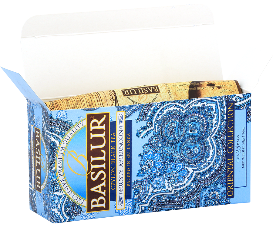 Basilur Frosty Afternoon - czarna herbata cejlońska z naturalnym aromatem marakui i pomarańczy w ekspresowych torebkach. Ozdobne, niebieskie pudełko z orientalnym motywem.
