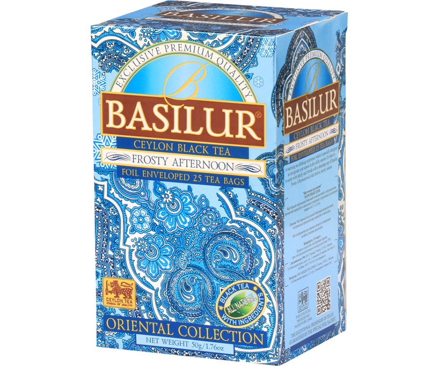 Basilur Frosty Afternoon - czarna herbata cejlońska z naturalnym aromatem marakui i pomarańczy w torebce. Ozdobna, niebieska koperta z orientalnym motywem.