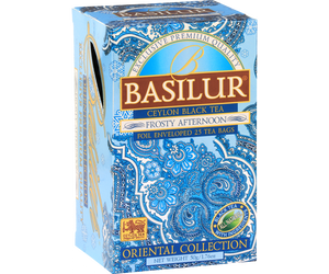 Basilur Frosty Afternoon - czarna herbata cejlońska z naturalnym aromatem marakui i pomarańczy w ekspresowych torebkach. Ozdobne, niebieskie pudełko z orientalnym motywem.