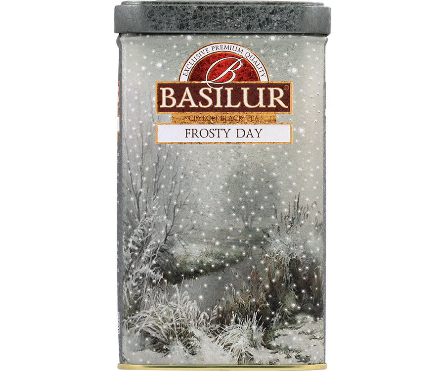 Basilur Frosty Day - czarna herbata cejlońska z dodatkiem mango, białego chabru oraz aromatu żurawiny. Piękne opakowanie formie metalowej puszki z zimowym pejzażem.