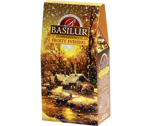 Basilur Frosty Evening - czarna herbata cejlońska z dodatkiem owoców moreli, skórki pomarańczy, kwiatów nagietka oraz aromatem pomarańczy i mandarynki. Piękne opakowanie z zimowym pejzażem.