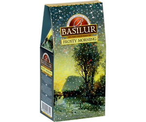 Basilur Frosty Morning - czarna herbata skomponowana ze starannie wyselekcjonowanych dużych listków Orange Pekoe bez dodatków. Piękne opakowanie z zimowym pejzażem. 