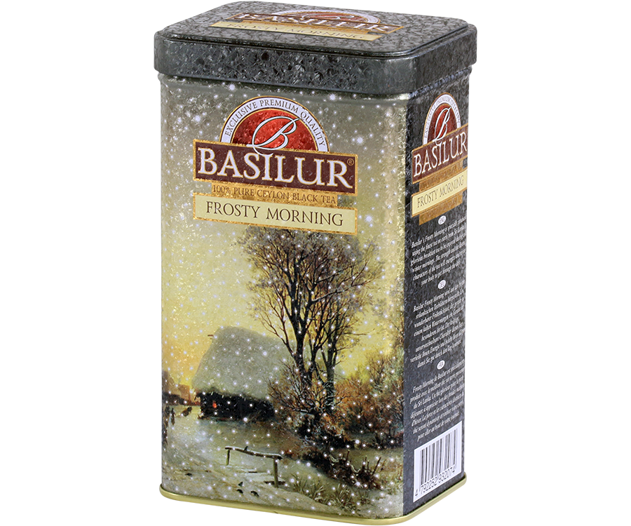 Basilur Frosty Morning - czarna herbata skomponowana ze starannie wyselekcjonowanych dużych listków Orange Pekoe bez dodatków. Piękne opakowanie w formie puszki z zimowym pejzażem. 