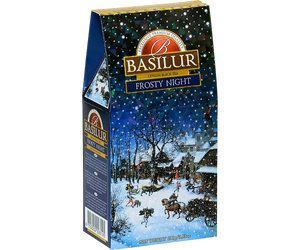 Basilur Frosty Night - czarna herbata cejlońska skomponowana ze starannie wyselekcjonowanych listków Broken Orange Pekoe z dodatkiem berberysu, dzikiej róży, chabru, krokosza barwierskiego oraz aromatu wanilii i migdałów. Piękne opakowanie z zimowym pejzażem
