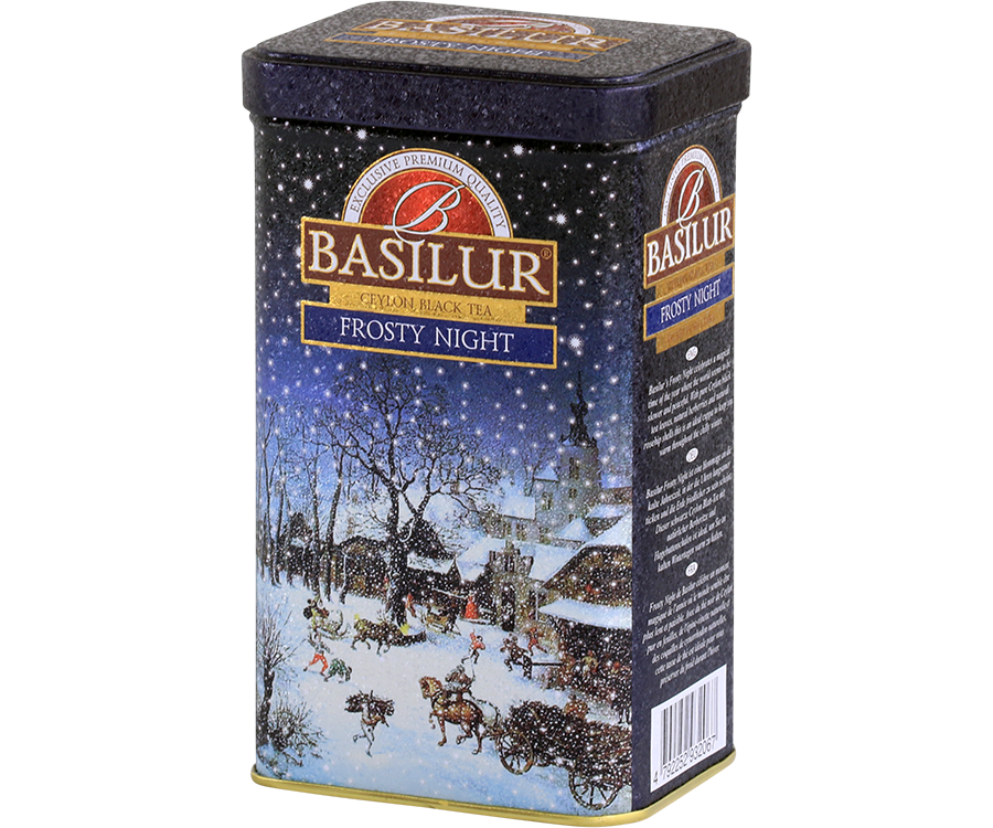 Basilur Frosty Night - czarna herbata cejlońska skomponowana ze starannie wyselekcjonowanych listków Broken Orange Pekoe z dodatkiem berberysu, dzikiej róży, chabru, krokosza barwierskiego oraz aromatu wanilii i migdałów. Piękne opakowanie w formie puszki z zimowym pejzażem.