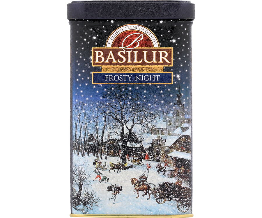 Basilur Frosty Night - czarna herbata cejlońska skomponowana ze starannie wyselekcjonowanych listków Broken Orange Pekoe z dodatkiem berberysu, dzikiej róży, chabru, krokosza barwierskiego oraz aromatu wanilii i migdałów. Piękne opakowanie w formie puszki z zimowym pejzażem.