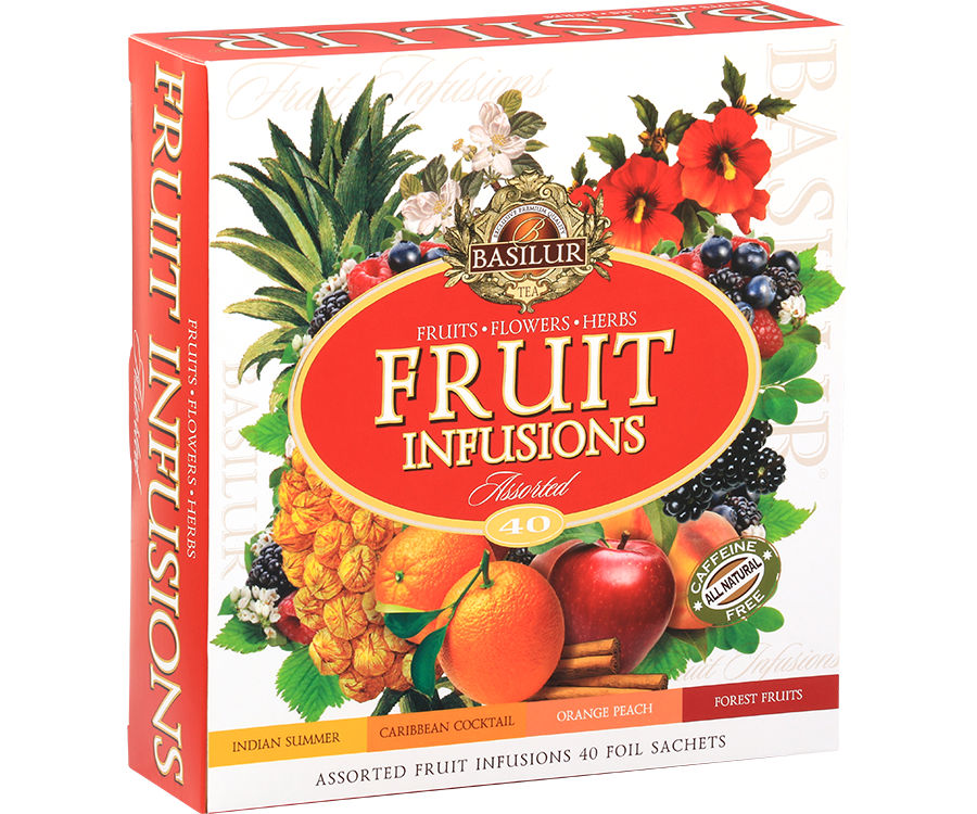 Basilur Fruit Infusion Assorted – zestaw 4 smaków naparów owocowych bez kofeiny z kolekcji Fruit Infusions. Ozdobne opakowanie z owocowym motywem.