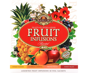 Basilur Fruit Infusion Assorted – zestaw 4 smaków naparów owocowych bez kofeiny z kolekcji Fruit Infusions. Ozdobne opakowanie z owocowym motywem.