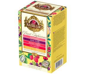 Basilur Fuit Infusions Assorted Vol. III - zestaw 5 smaków bezkofeinowych herbat owocowych w ekspresowych torebkach. Żółte opakowanie z motywem owoców.