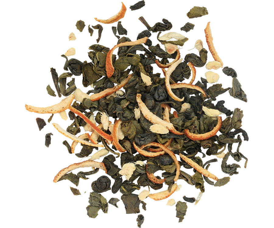 Basilur Ginger Orange - listki zielonej herbaty cejlońskiej z imbirem, skórką pomarańczy oraz aromatem pomarańczy i imbiru.