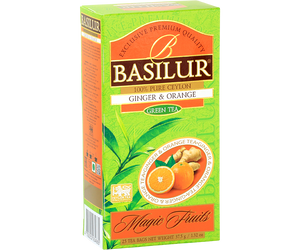 Basilur Ginger & Orange - zielona herbata cejlońska z dodatkiem aromatu imbiru i pomarańczy. 25 biodegradowalnych torebek w ozdobnym zielonym pudełku z logo Basilur.