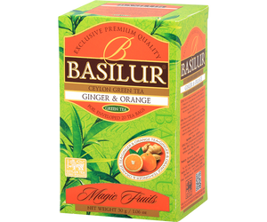 Basilur Ginger Orange - zielona herbata cejlońska z aromatem imbiru i pomarańczy. 20 torebek kopertowych w zielonym, ozdobnym pudełku z logo Basilur.