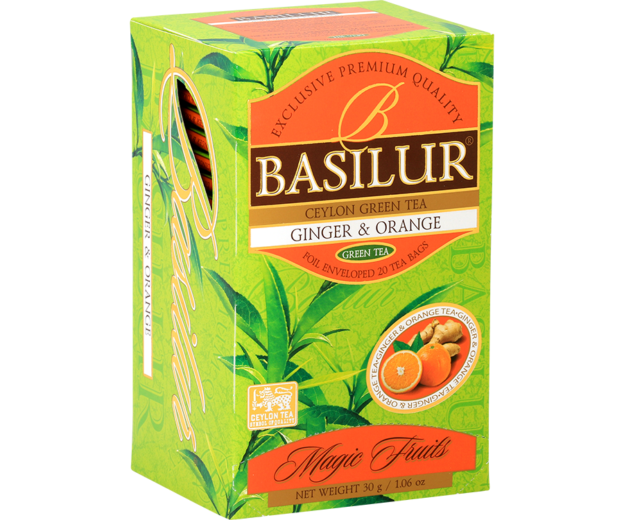 Basilur Ginger Orange - zielona herbata cejlońska z aromatem imbiru i pomarańczy. 20 torebek kopertowych w zielonym, ozdobnym pudełku z logo Basilur.