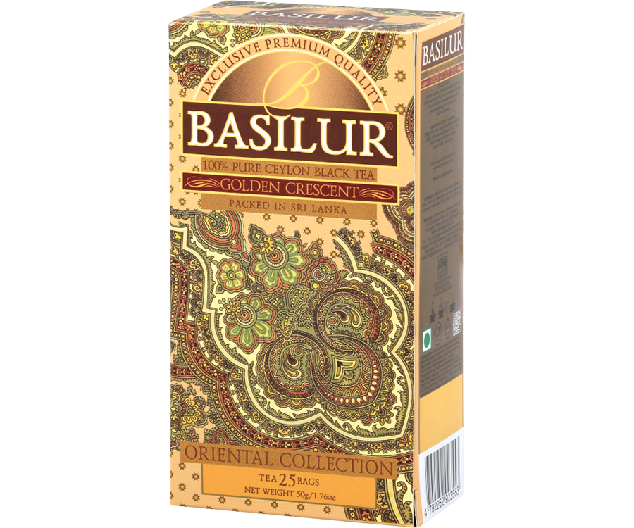 Basilur Golden Crescent - czarna herbata cejlońska w torebkach. Złote, ozdobne pudełko z orientalnym motywem.