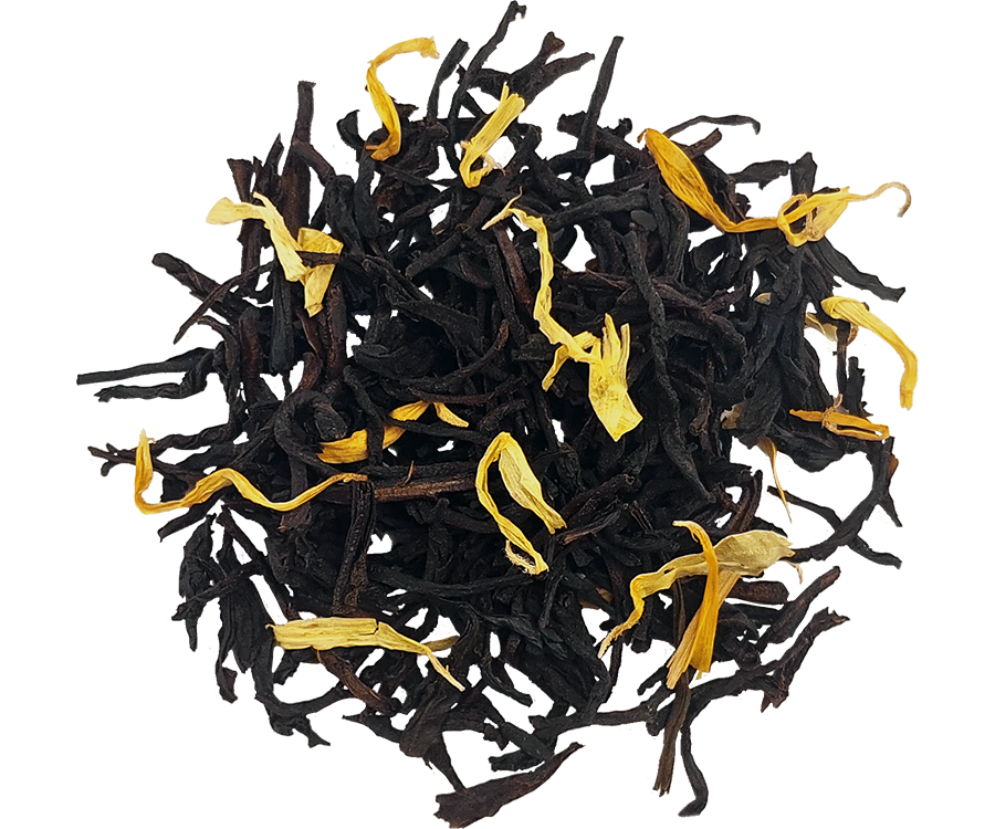 Basilur Golden Hour - czarna herbata cejlońska Orange Pekoe z dodatkiem płatków nagietka oraz aromatem francuskiego kremu waniliowego. Ozdobna puszka z motywem świątecznym.