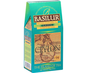 Basilur Green - zielona herbata cejlońska skomponowana z liści YH bez dodatków. Ozdobne opakowanie z grafiką mapy.