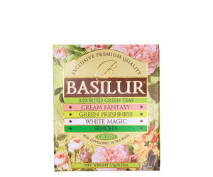 Basilur Bouquet Assorted - zestaw 4 smaków herbat z kolekcji Bouquet w ozdobnym pudełku z kwiatowym motywem.
