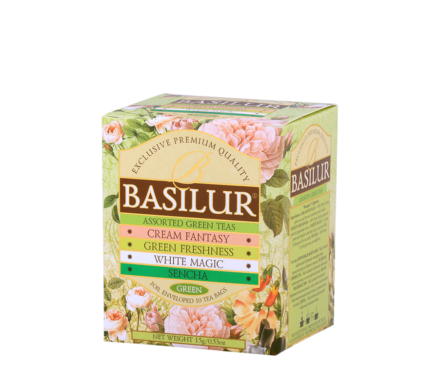 Basilur Bouquet Assorted - zestaw 4 smaków herbat z kolekcji Bouquet w ozdobnym pudełku z kwiatowym motywem.