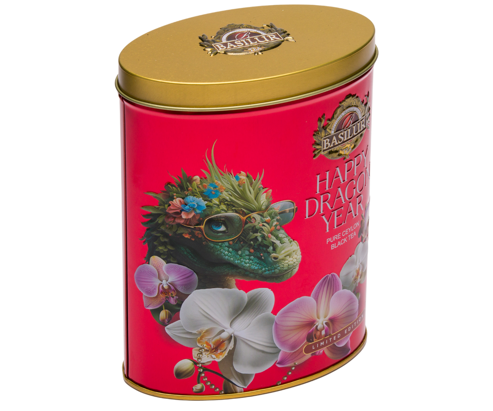 Basilur Happy Dragon Year Red – czarna liściasta herbata cejlońska z listków OP zamknięta w zdobionej puszce z motywem mistycznego smoka otoczonego kwiatami.