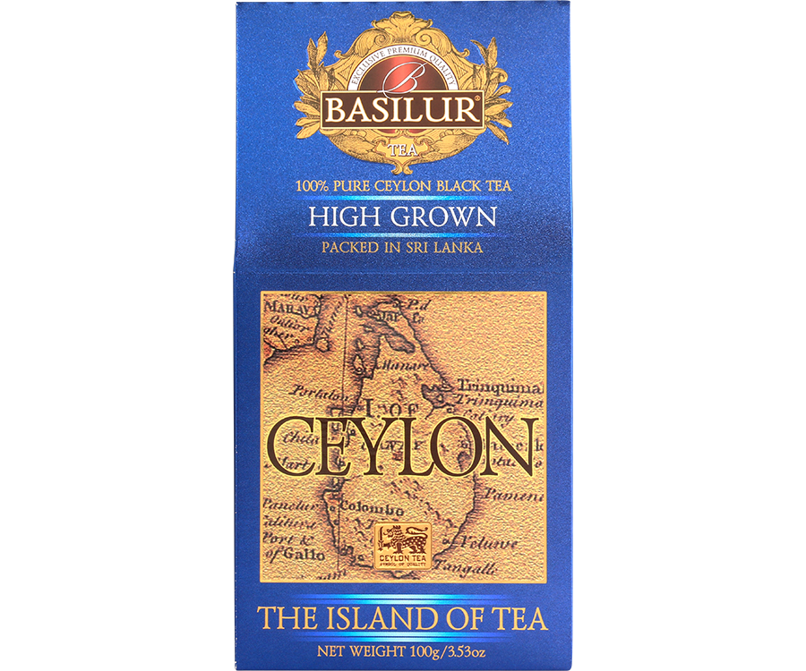 Basilur High Grown – czarna herbata cejlońska bez dodatków. Ozdobne opakowanie z grafiką mapy.