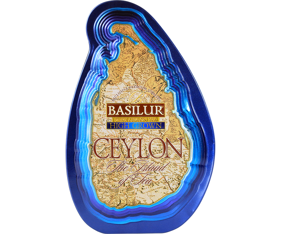 Basilur High Grown – czarna herbata cejlońska bez dodatków. Ozdobna puszka z grafiką mapy.