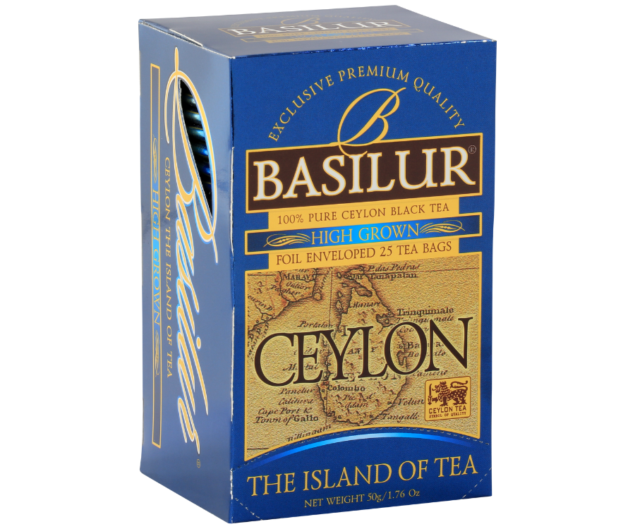 Basilur High Grown – czarna herbata cejlońska wysokiej jakości bez dodatków. Kopertowane saszetki zostały zamknięte w ozdobnym opakowaniu z grafiką mapy Cejlonu.