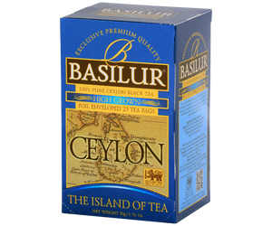 Basilur High Grown – czarna herbata cejlońska wysokiej jakości bez dodatków. Kopertowane saszetki zostały zamknięte w ozdobnym opakowaniu z grafiką mapy Cejlonu.