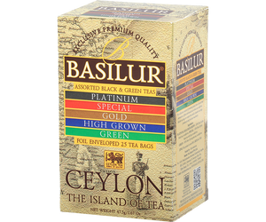 Basilur Island Tea – zestaw 5 herbat cejlońskich. Ozdobne opakowanie z motywem kartograficznym.