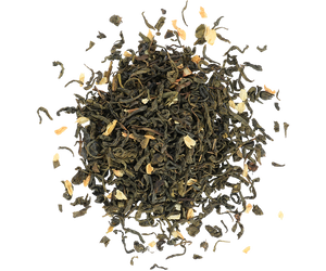 Basilur Chinese Jasmine Green - liściasta zielona herbata z dodatkiem płatków jaśminu oraz aromatu jaśminu. Jasne pudełko ozdobione rysunkiem pawi.