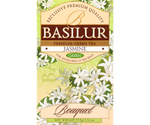 Basilur Jasmine - zielona herbata cejlońska z dodatkiem jaśminowego aromatu. Zielone, ozdobne pudełko z kwiatowym motywem.