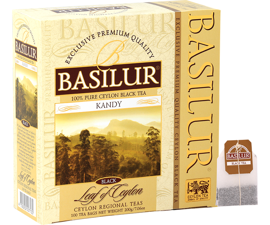 Basilur Kandy - herbata czarna ekspresowa bez dodatków. Żółte, ozdobne pudełko z górskim motywem.