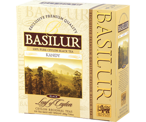 Basilur Kandy - herbata czarna ekspresowa bez dodatków. Żółte, ozdobne pudełko z górskim motywem.