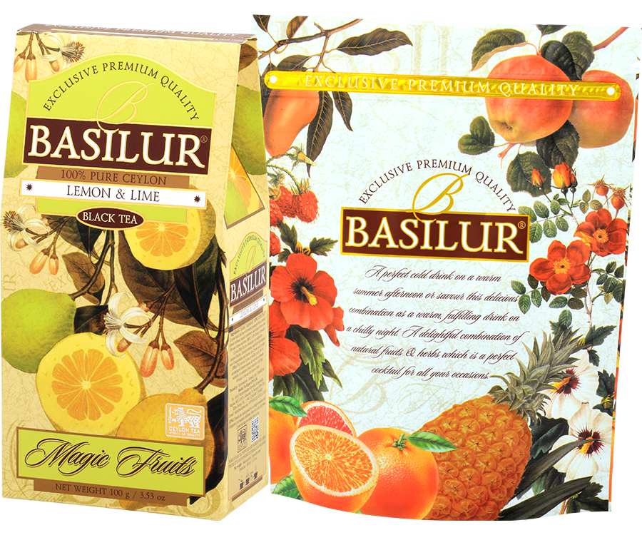 Basilur Lemon & Lime - czarna herbata cejlońska z dodatkiem ananasa, werbeny cytrynowej, chabru, limonki oraz aromatu cytryny i limonki. Ozdobne opakowanie z owocowym motywem.