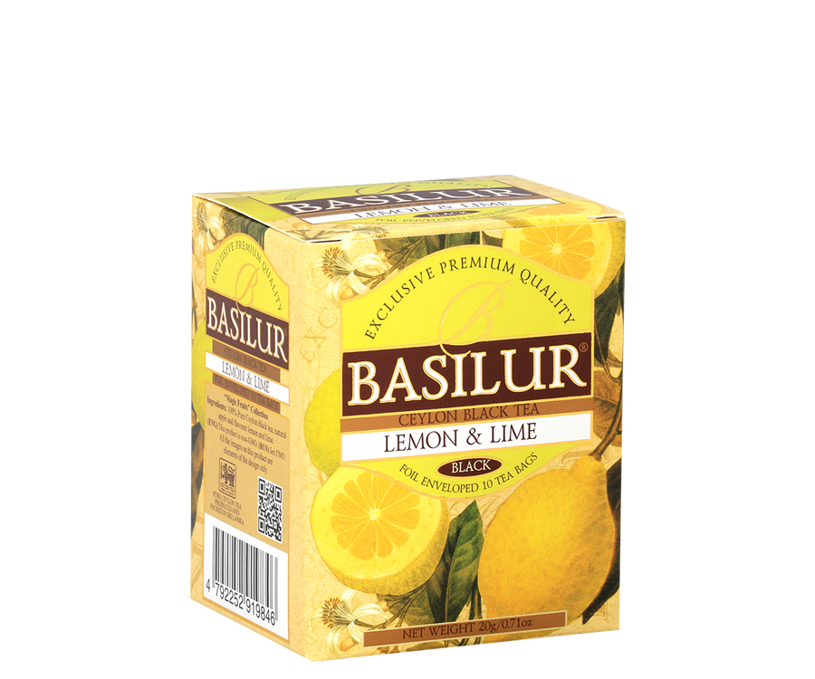 Basilur Lemon & Lime - czarna herbata cejlońska z dodatkiem jabłka oraz aromatu cytryny i limonki Ozdobne opakowanie z owocowym motywem.